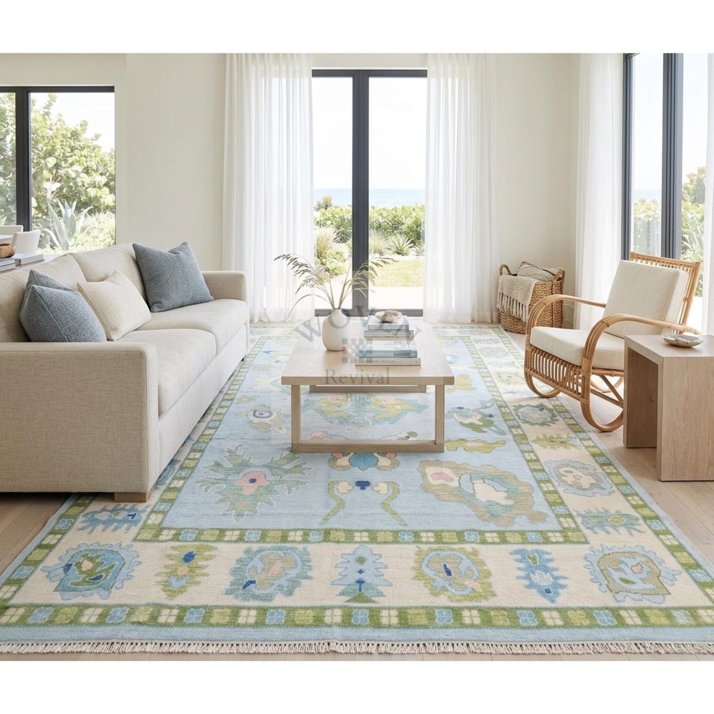Powder Blue & Sage Green Hand-Knotted Wool Rug | Suzani Floral Oushak Area Rug for Living Room