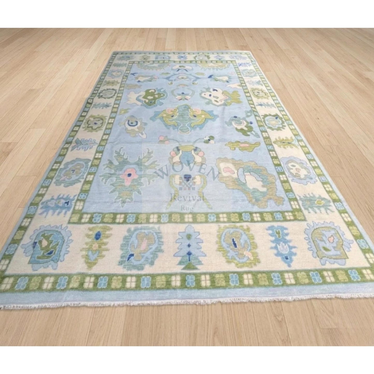 Powder Blue & Sage Green Hand-Knotted Wool Rug | Suzani Floral Oushak Area Rug for Living Room