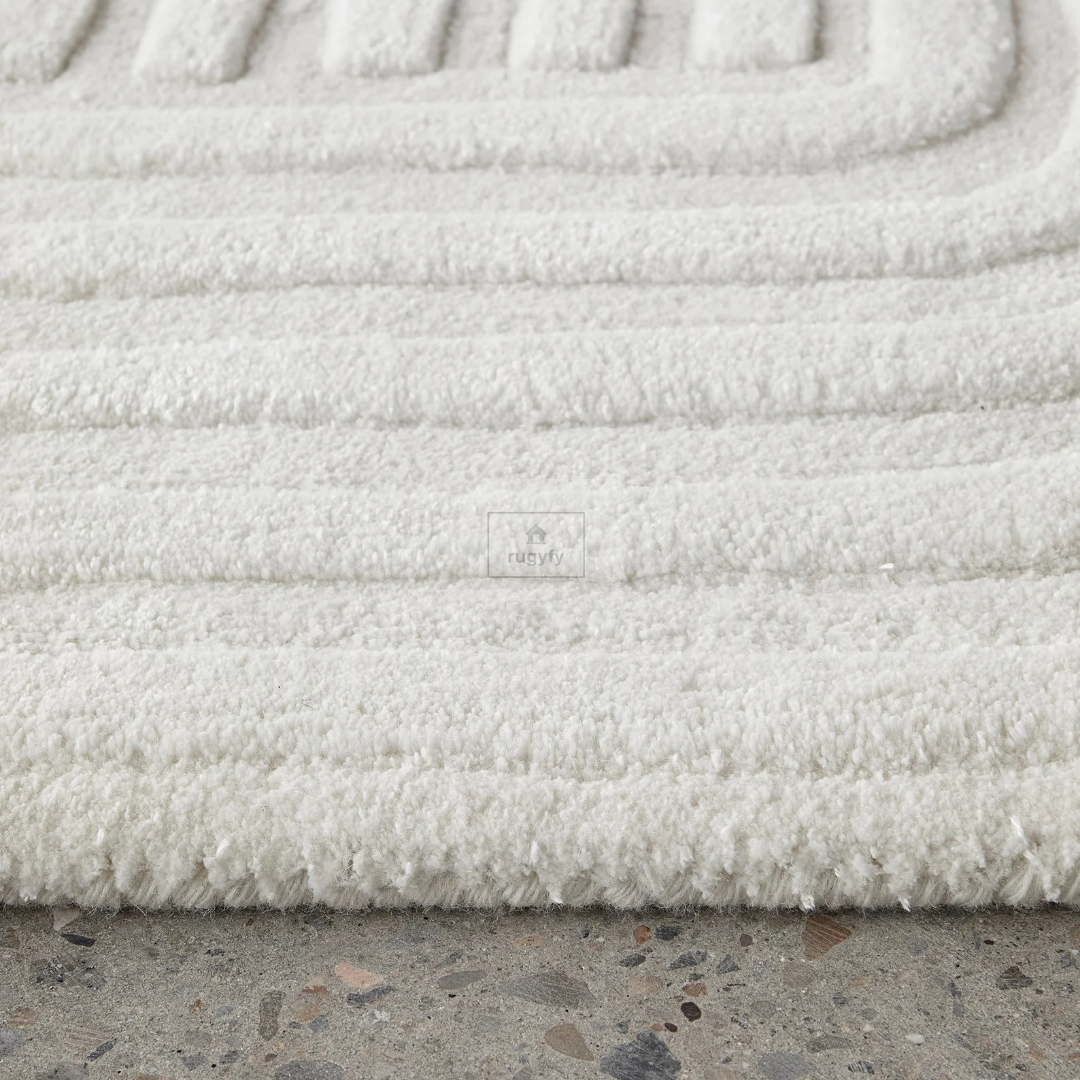 Ivory Carved Geometric Rug | 8x10 9x12 ft Hand-Tufted Wool | Textured High-Low Modern Area Rug