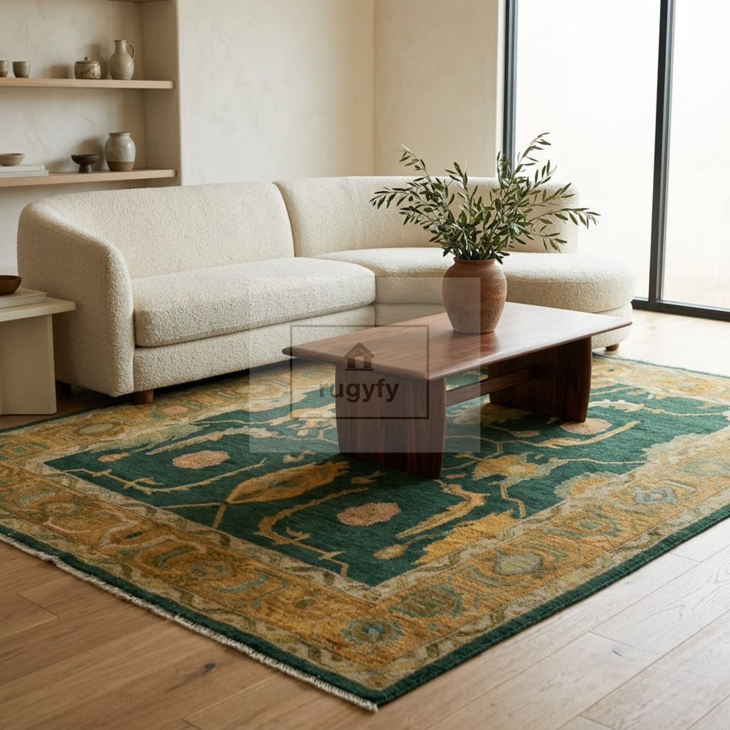 Forest Green & Gold Vintage Hand-Knotted Wool Oushak Rug | Abrash Anatolian Area Rug for Living Room