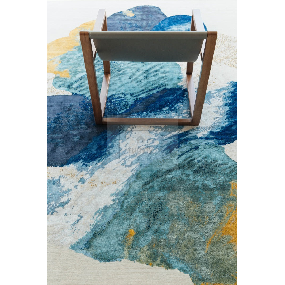 Navy Blue Watercolor Abstract Rug | 8x10 9x12 ft Hand-Tufted Wool | Modern Living Room Area Rug