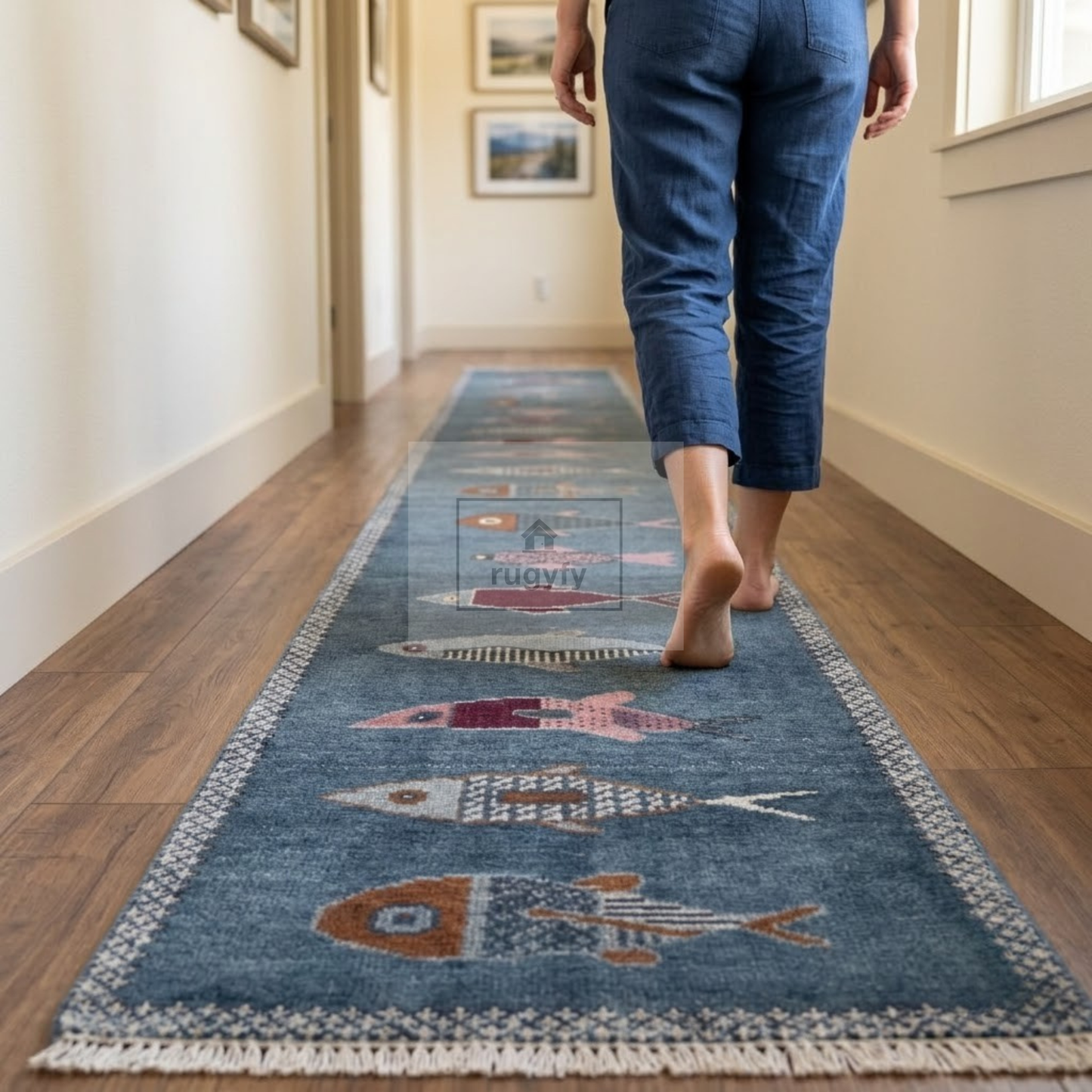Denim Blue Fish Motif Hand-Knotted Wool Rug | Coastal Pictorial Runner for Kitchen &amp; Entryway
