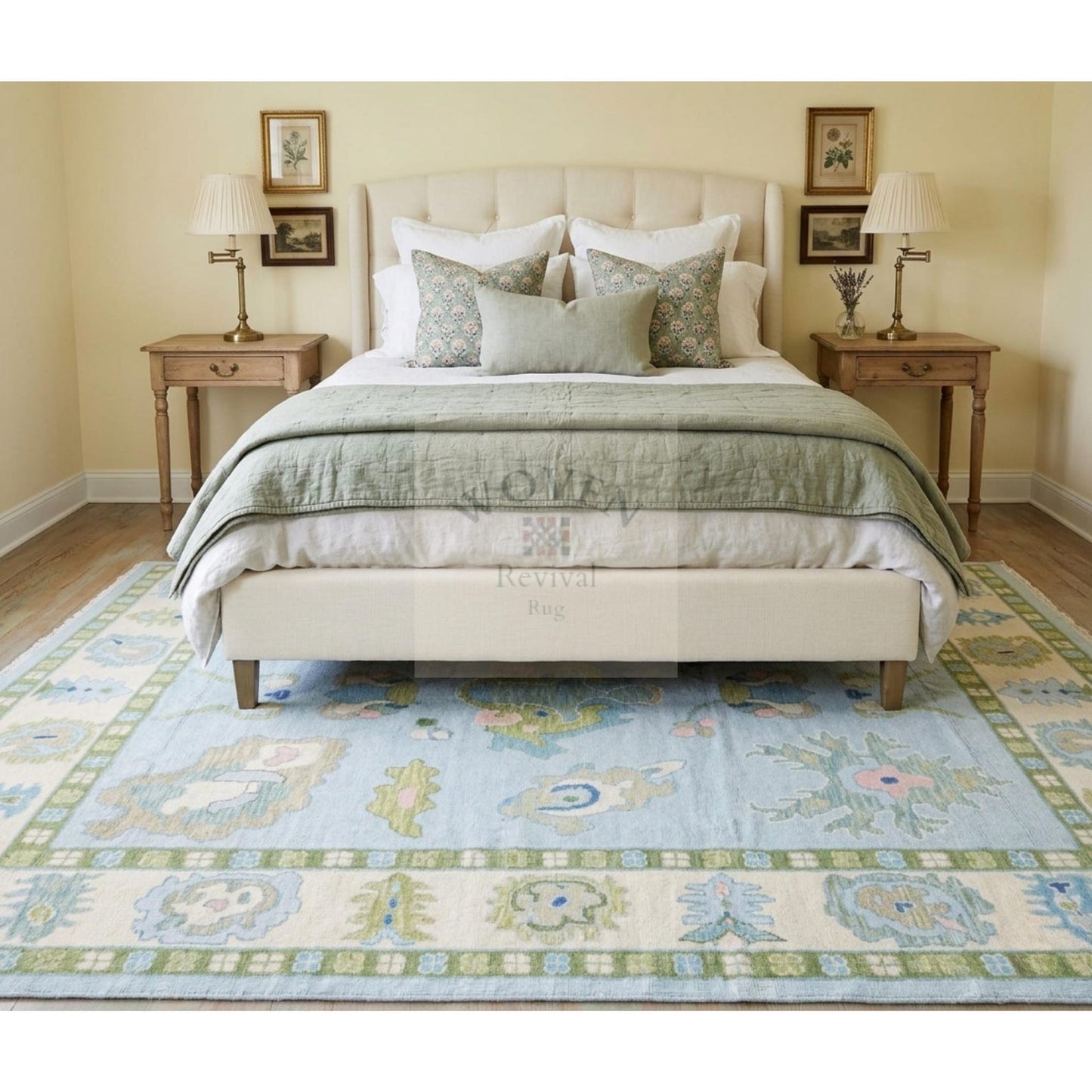 Powder Blue & Sage Green Hand-Knotted Wool Rug | Suzani Floral Oushak Area Rug for Living Room