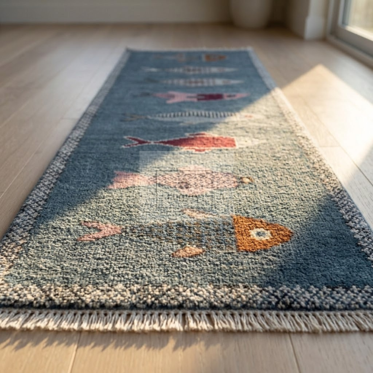 Denim Blue Fish Motif Hand-Knotted Wool Rug | Coastal Pictorial Runner for Kitchen &amp; Entryway