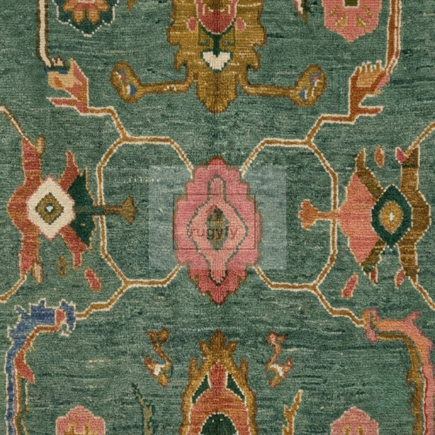 Teal & Amber Hand-Knotted Wool Oushak Rug | Scattered Floral Anatolian Area Rug for Living Room