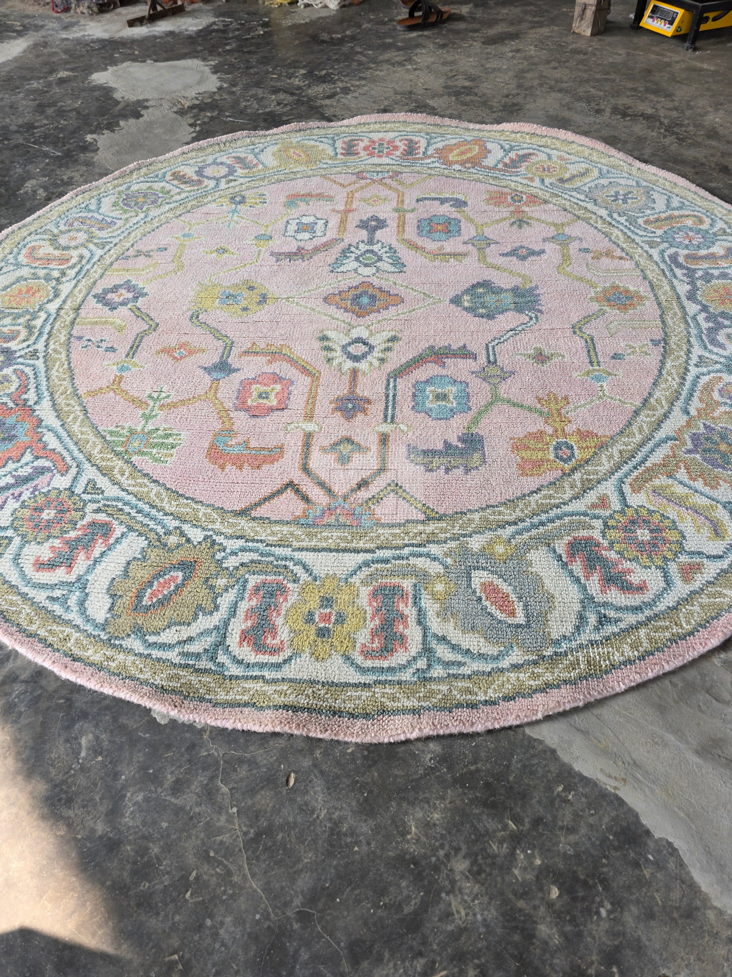 Blush &amp; Teal Hand-Knotted Wool Oushak Rug | Floral Medallion Anatolian Area Rug for Living Room
