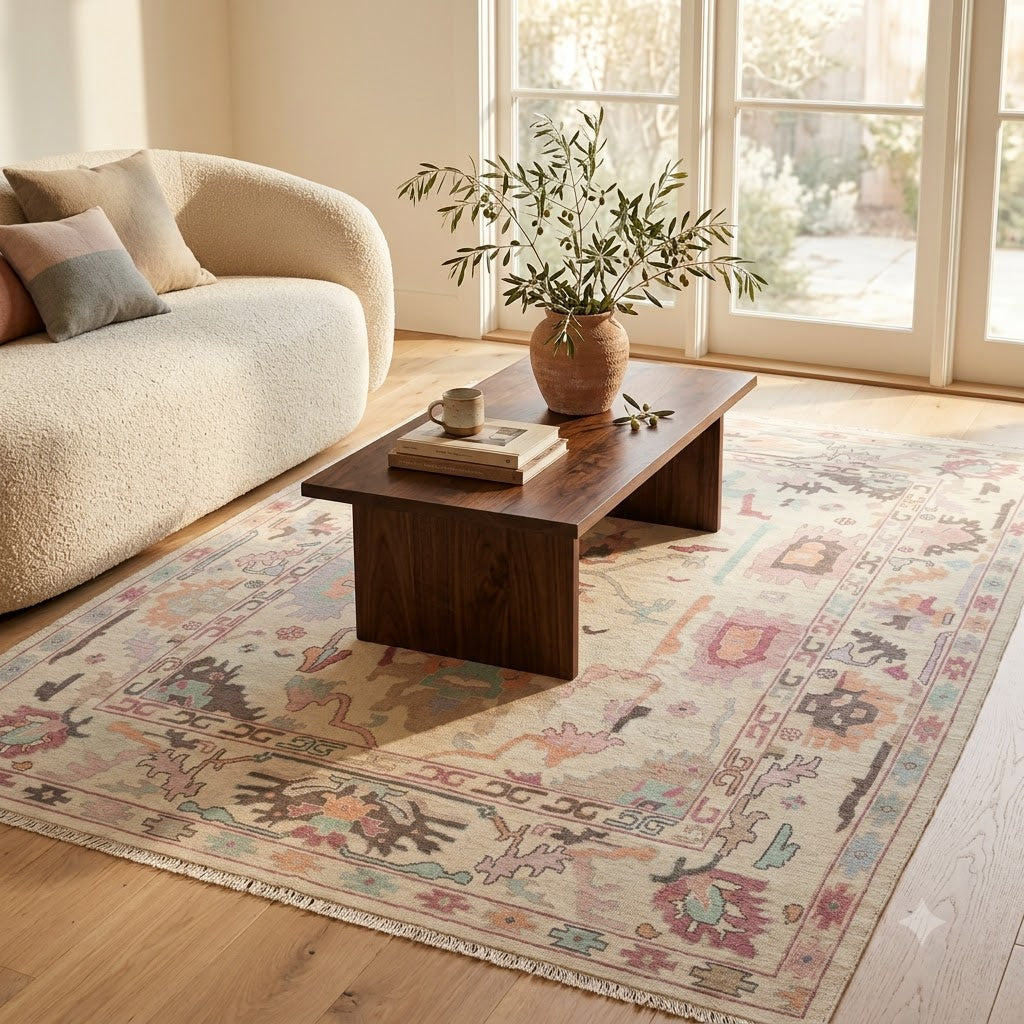 Ivory & Blush Hand-Knotted Wool Rug | Pastel Oushak Botanical Area Rug for Living Room
