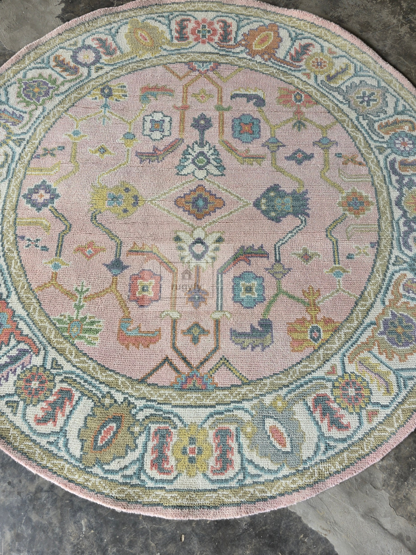 Blush &amp; Teal Hand-Knotted Wool Oushak Rug | Floral Medallion Anatolian Area Rug for Living Room