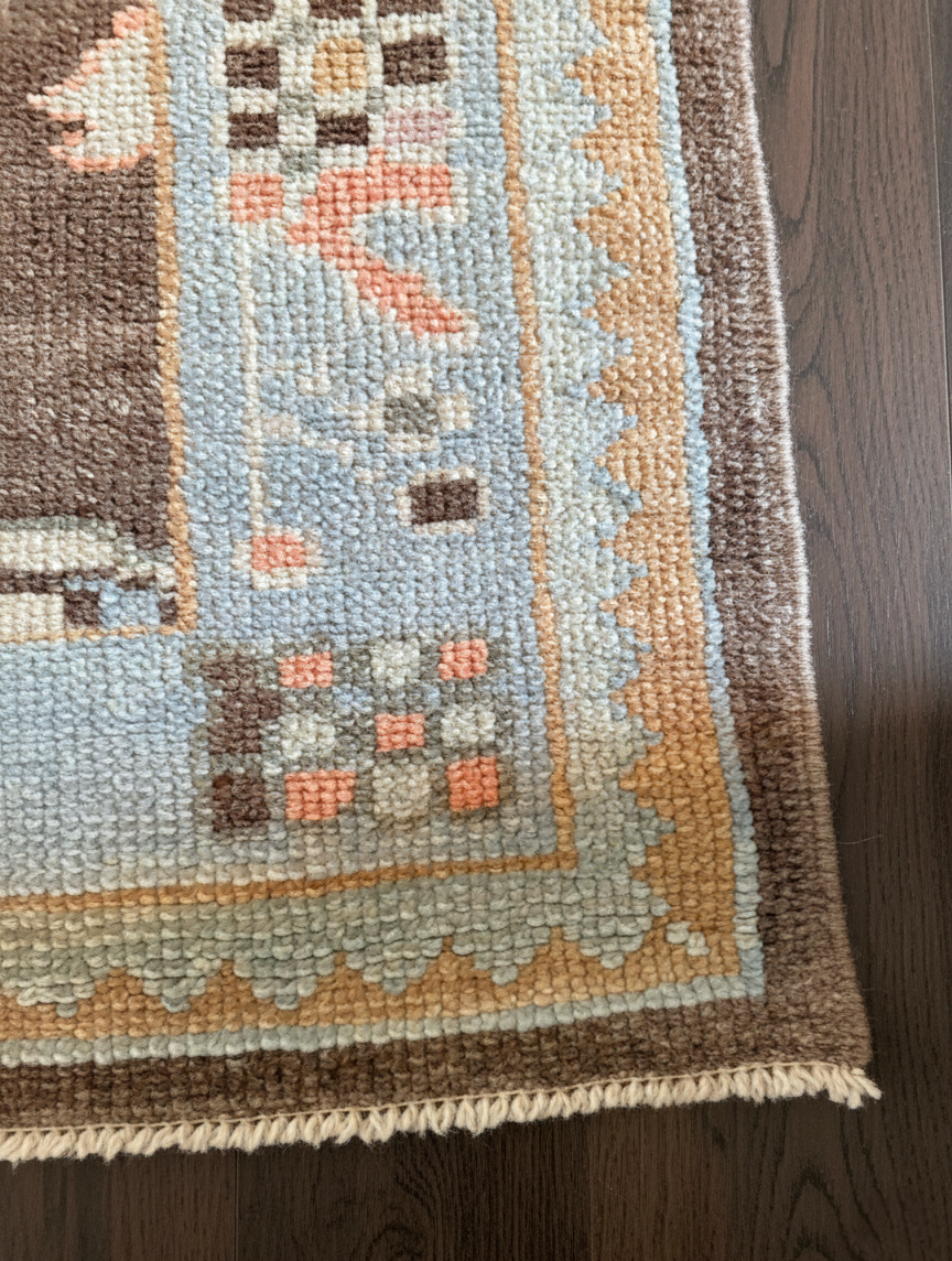 Mocha &amp; Ice Blue Hand-Knotted Wool Oushak Rug | Multi-Colour Floral Anatolian Area Rug for Bedroom