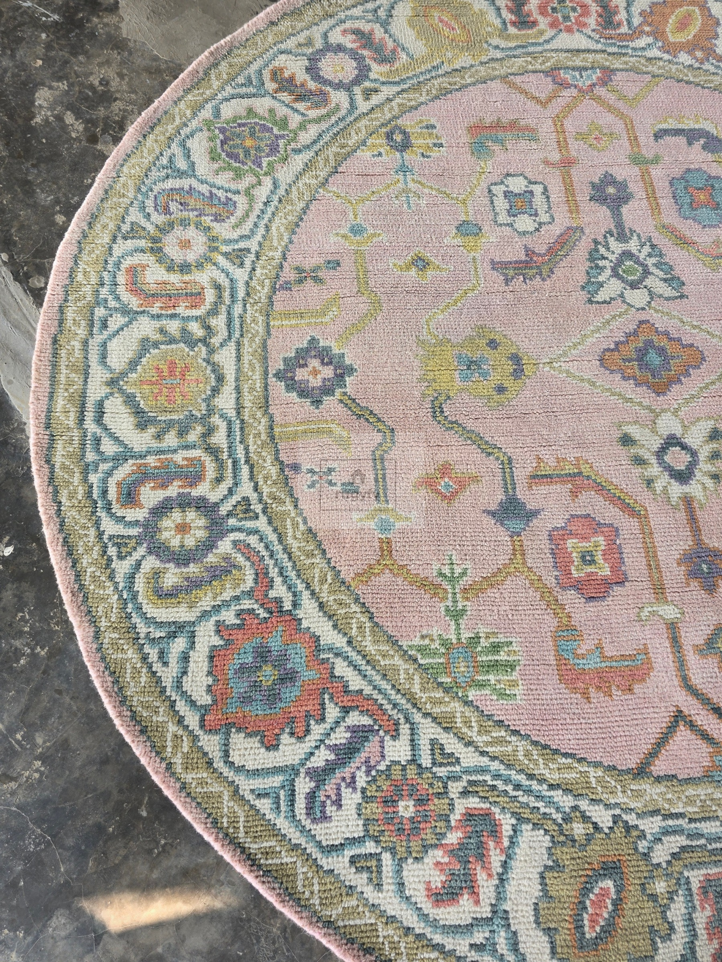 Blush &amp; Teal Hand-Knotted Wool Oushak Rug | Floral Medallion Anatolian Area Rug for Living Room
