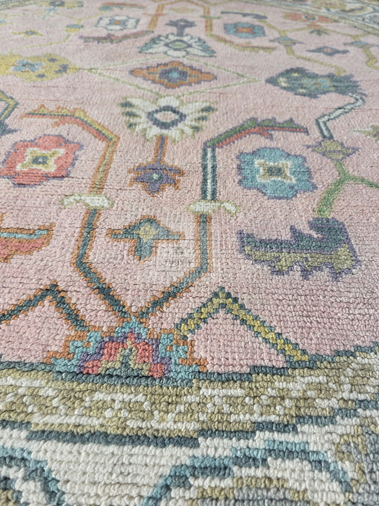 Blush &amp; Teal Hand-Knotted Wool Oushak Rug | Floral Medallion Anatolian Area Rug for Living Room