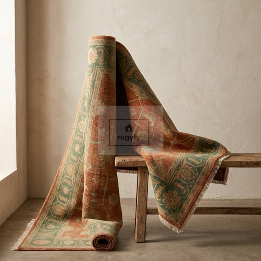 Rust terracotta and sage green Sultanabad Oushak rug hand-knotted in wool draped over a rustic wooden bench - RUGYFY