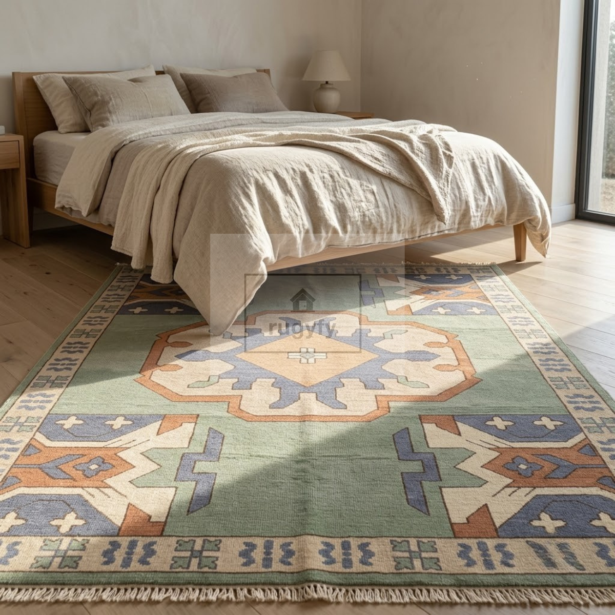 Sage Green & Blue Turkish Oushak Rug | 5x8 8x10 ft Hand-Knotted Wool | Living Room Bedroom Rug