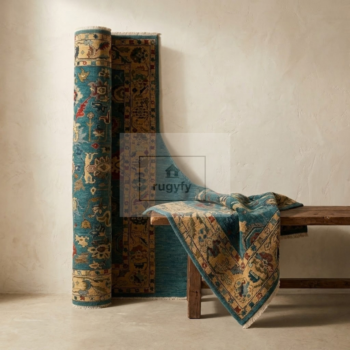 Teal & Gold Oushak Wool Rug | 6x9 8x10 ft Hand-Knotted | Bedroom Living Room Area Rug