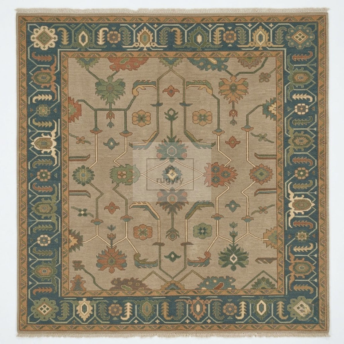 Full view of taupe and teal blue Sultanabad Oushak square rug hand-knotted in New Zealand wool with rust and green palmettes - RUGYFY